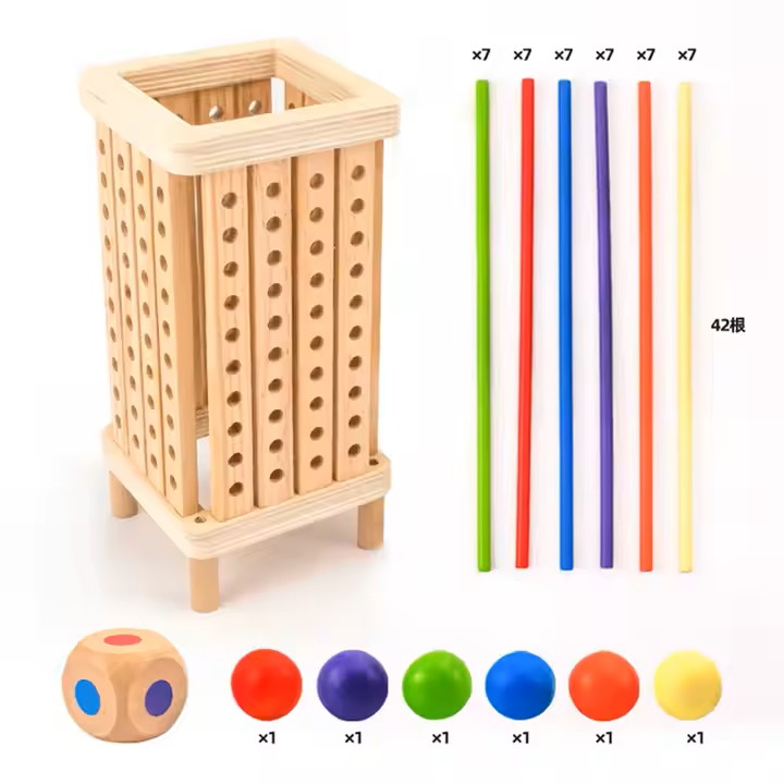 Montessori Kerplunk game contents: wooden tower, 42 coloured sticks in 6 colours, 6 wooden balls and 1 dice