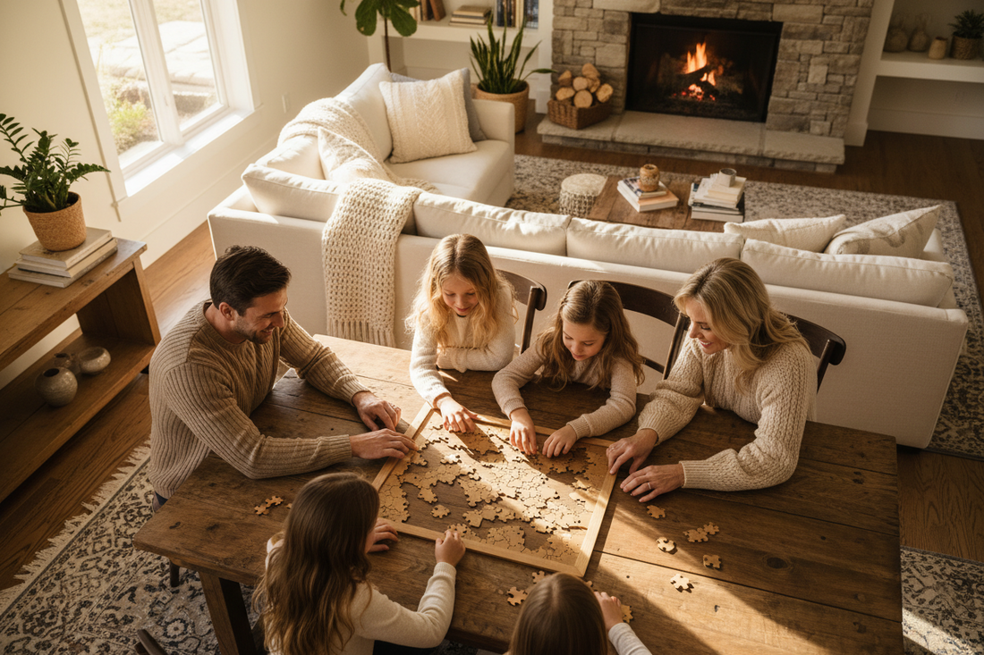 Family solving a wooden puzzle together at home