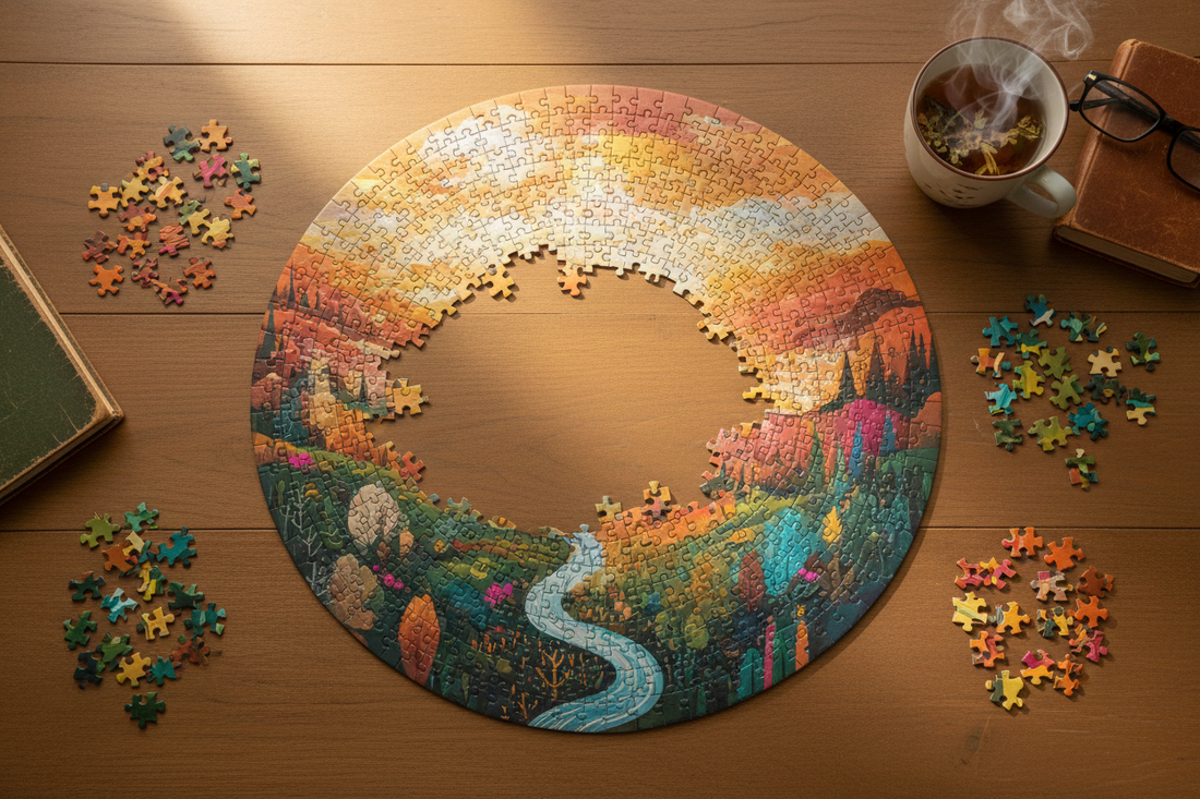 Overhead flat-lay of a partially completed colourful jigsaw puzzle on a warm wooden table, with scattered puzzle pieces arranged around it in natural light.