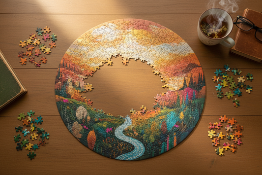 Overhead flat-lay of a partially completed colourful jigsaw puzzle on a warm wooden table, with scattered puzzle pieces arranged around it in natural light.