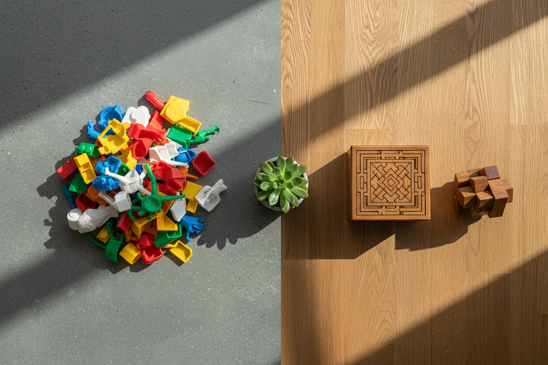 A split flat lay comparing discarded colourful plastic toys on concrete with a handcrafted wooden puzzle box on a warm oak surface, representing the shift from plastic to sustainable toys.