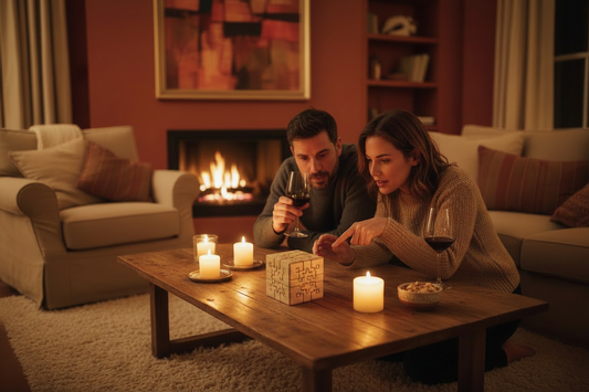 Couple leaning in with curiosity over a small wooden puzzle box by candlelight during a cosy game night at home