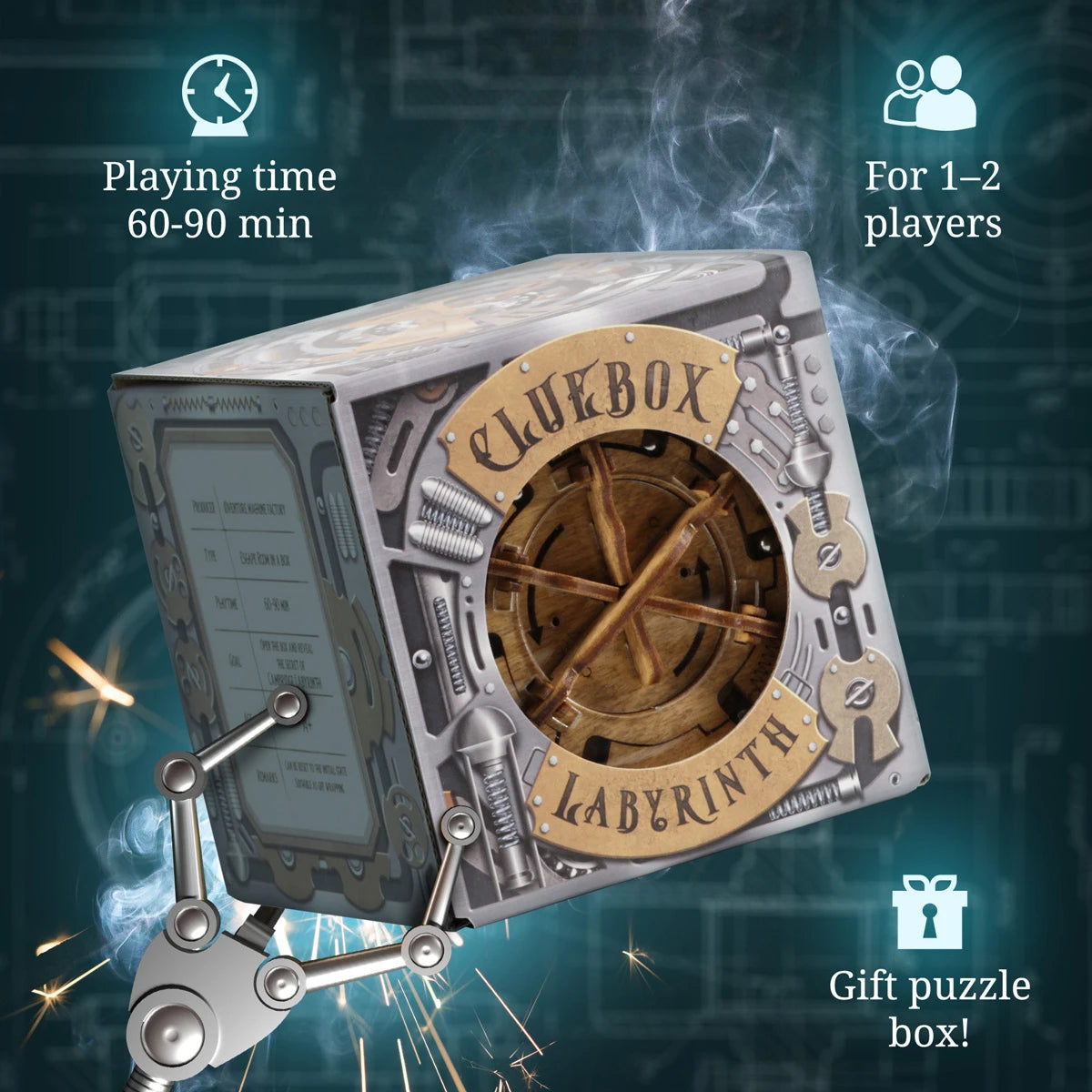 iDventure Cluebox Labyrinth packaging — gift puzzle box for 1–2 players with 60–90 minute playing time