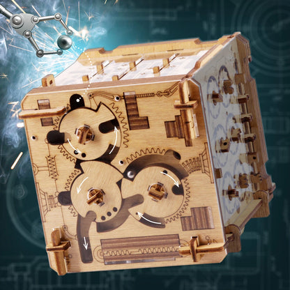 Close-up of Cambridge Labyrinth wooden puzzle box gear mechanism — iDventure secret compartment brain teaser