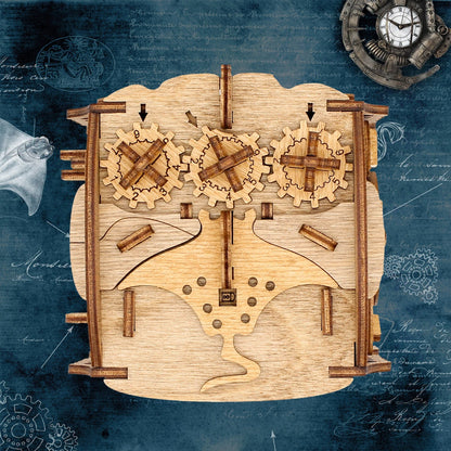 Nautilus wooden puzzle box top view — interlocking gear and manta ray mechanisms on deep sea themed background