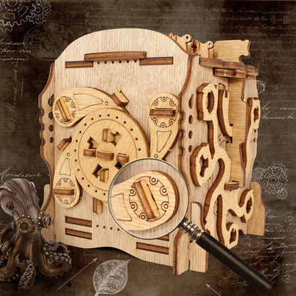 Nautilus puzzle box close-up with magnifying glass — wooden secret compartment brain teaser with nautical steampunk design