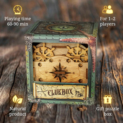 iDventure Cluebox Davy Jones' Locker packaging — gift puzzle box for 1–2 players, 60–90 minute playing time, natural wood produc