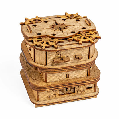 Wooden Mechanical Puzzle Box with Layered Structure