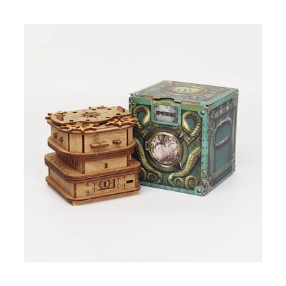 Davy Jones' Locker wooden mechanical puzzle box beside its iDventure gift box — layered nautical design with octopus tentacle packaging
