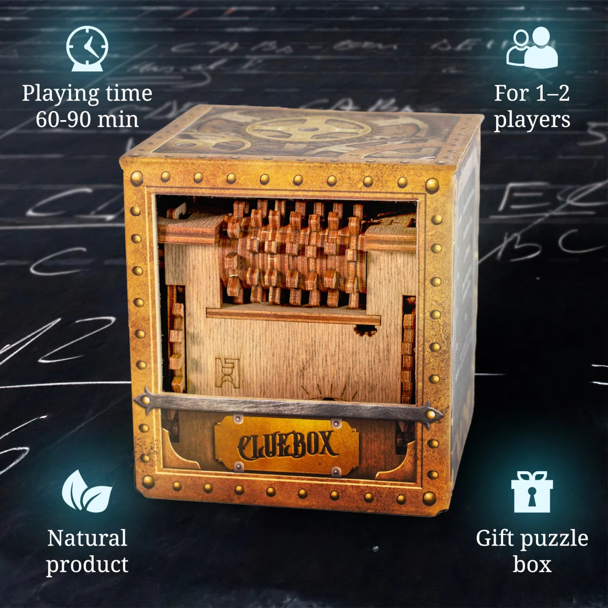 Schrödinger's Cat Cluebox infographic — steampunk-style puzzle box with key features: 60–90 min playing time, 1–2 players, natural wood, gift puzzle box