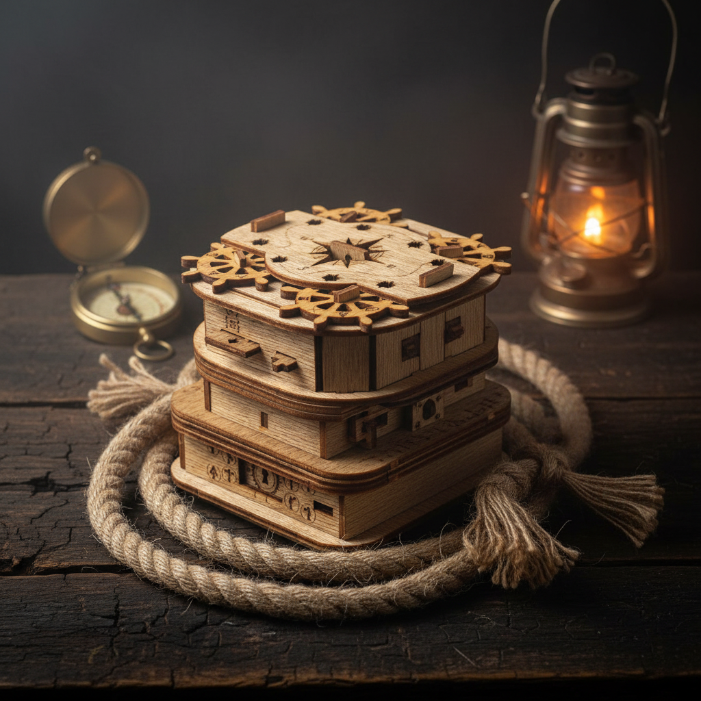 Davy Jones' Locker wooden mechanical puzzle box wrapped in rope — nautical themed brain teaser gift for adults by iDventure