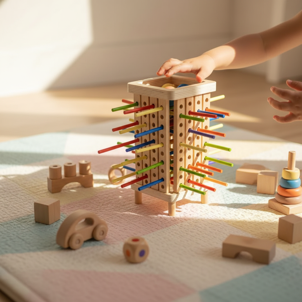 Young child playing Montessori wooden Kerplunk stick game on a play mat surrounded by wooden toys